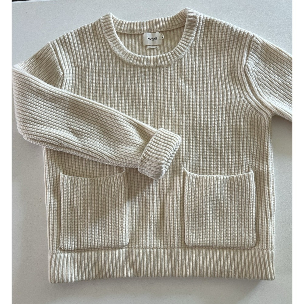 NOTSHY Cashmere Women's Large Chunky Wool Sweater Beige Pockets Minimalist Boxy